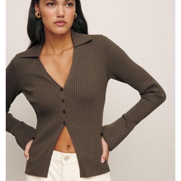 Reformation Sweaters - Reformation valentina Brown Ribbed Button-Up Cardigan